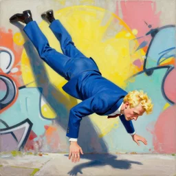 greg manchess portrait of a blond man in a blue suit falling towards the ground, profile picture, organic painting, sunny day, matte painting, bold shapes, hard edges, street art, trending on artstation, by huang guangjian, gil elvgren, ruan jia, randy vargas, greg rutkowski