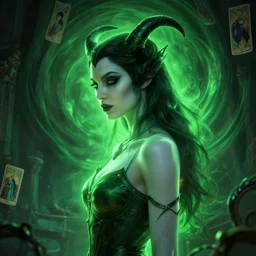side portrait, imogen poots, evil paladin, gloomhaven, soft, smooth, luminescent, art nouveau tarot, sickly green backlit glow, evil dark swirly ripples, gaudy colors, aesthetic octane render, unreal engine, 8 k, by greg rutkowski, jesper ejsing, rhads, ilya kuvshinov, cushart krenz