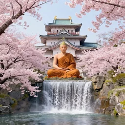 a beautiful picture of sakura in full bloom, palace, a giant monk meditate against waterfall, by greg rutkowski and thomas kinkade, trending on artstation
