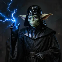 darth sidious in a hooded black robe with blue lightning coming from fingertips. he has the face of yoda.
