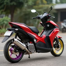 photo of a red tuning scooter, aerox, tuning award, big chrome exhaust, colorful rims, 8 5 mm, f / 1. 3