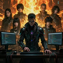 realistic dark cyberpunk man coding character casting eldritch magic, a lot of wires around, by ayami kojima, by amano, by karol bak, greg hildebrandt, by francis bacon, by mark brooks, by alex grey, by zdzisław beksinski, by takato yamamoto, thermal background
