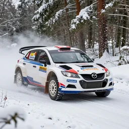 a 2 0 0 8 mazda furai, racing through a rally stage in a snowy forest
