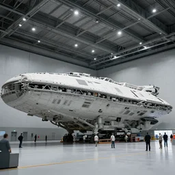 a giant spaceship ship hangar with people standing in it for scale