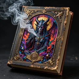 demonic occult grimoire, painted cover coughing smoke, 4 k ultra realistic detailed 8 k artstation trending dramatic lighting contrasting light and dark style photorealism cinematic magic colorful wonder by h. p. lovecraft elden ring