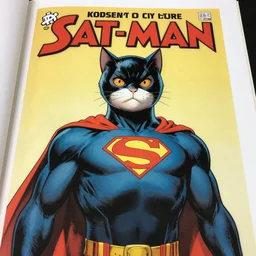 vintage comic book cover where a cat is dressed as a superhero called catman standing proudly from below restored high quality limited edition high detail