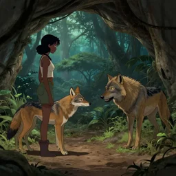 cave interior showing a female african wolf saying good bye to male african wolf as he leaves the cave to go hunting in the evening in an african rainforest, concept art, fine details, rainforest, art by wlop, satoshi kon, tim okamura, karol bak, ilya kuvshinov, cinematic lighting, volumetric lighting, subtle shadows, slight depth of field