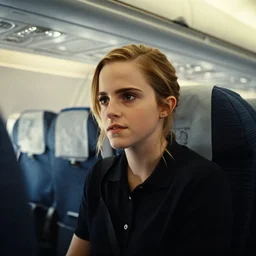 emma watson, inside airplane, film still, fujifilm reala, low tonal contrast,