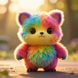 a cute colorful furby, photography, golden hour, bokeh, colorful, saturated, cinematic lighting, volumetric light