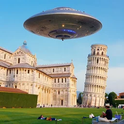 very relaxing wide shot of ufo above magical leaning tower of pisa landscape, realistic render, vivid colors, artstation, by elsie driggs, peter blume, charles demuth, greg rutkowski