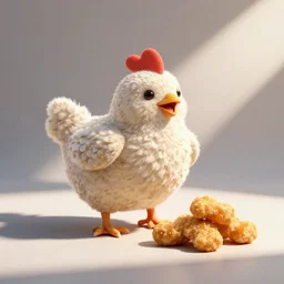 Chicken eating chicken nuggets and happy