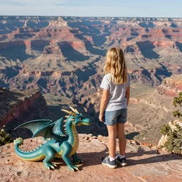 a nine year old blone girl standing next to her pet dragon overlooking the grand canyon