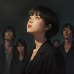a singer young japanese woman with very short hair looking to the skies, cinematic lighting, dramatic atmosphere, artwork by dustin nguyen, akihiko yoshida, greg tocchini, greg rutkowski, cliff chiang, 4 k resolution, trending on artstation,