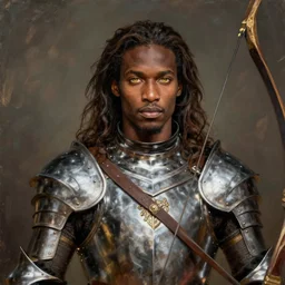 cedric cromwell, solo male knight, young adult, very long brown hair, golden eyes, darkskinned ethiopian african skin, polished steel armor, longbow, clear symmetrical eyes, a male dnd knight's portrait, clear eyed, realistic, by brian patterson and rhads!!!, palette knife background