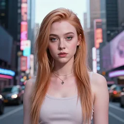 a cinematic portrait of Grimes in a city with many neon signs and billboards in the background