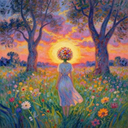 girl with head made of flower, standing in a flower field, big trees, sunrise dramatic light, impressionist painting, colorful clouds, digital painting, pointillism, artstation, simon stalenhag