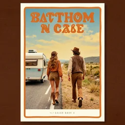 a hippie poster of 2 people hitchhiking at the edge of the road with a caravan,
