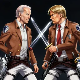 joe biden and donald trump as anime characters from attack on titan fighting each other with swords