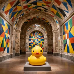 wide shot, one! photorealistic rubber duck in foreground on a pedestal in an cavernous museum, the walls are covered floor to ceiling with colorful geometric tessellated wall paintings in the style of sol lewitt, tall arched stone doorways, through the doorways are more mural paintings in the style of sol lewitt.