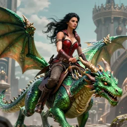 epic fantasy d & d female halfling rogue riding on top of a green dragon, green dragon, waterdeep, black hair, red leather corset, cinematic, beautiful lighting, heroic