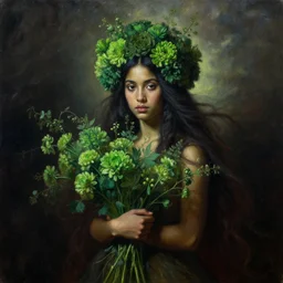 portrait oil painting, a beautiful young dark woman, green floral headdress, green flowers, holding a bouquet of green flowers, long flowing hair, dark moody background, ultra realistic, wide angle, intricate details, artifacts, luminous skies, highly detailed, michael cheval, peter mohrbacher, boris vallejo, jessica rossier, oil painting, highly detailed, cinematic lighting