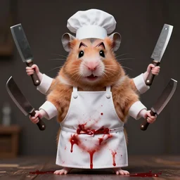 an immortal dead hamster in a butcher's suit with an evil face, in an apron covered in blood, holding cleavers in his hands. the hamster has 4 arms. front view.