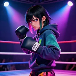 tomboy vaporwave goddess in hoodie in a fighting ring, side portrait, vi, angry, striking, defiant, spotlight, vibrant colors, beautiful eyes, by marco paludet and gianni strino and marion bolognesi