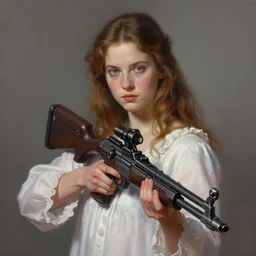 upper body portrait of a beautiful maiden in a nightgown holding a futuristic crossbow, award winning, masterpiece digital painting by greg rutkowski, alex grey, artstation, 4 k wallpaper,