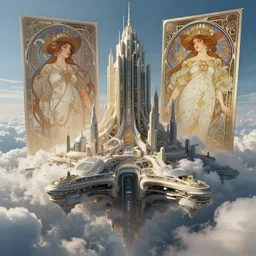 a cyberpunk utopia built on cloud, art by greg rutkowski and alphonse mucha, featured in artstation, fantasy, clear cinematic lighting, unreal engine, intricate, ultra detailed, concept art, sharp focus, illustration, 8 k