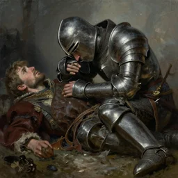 masterpiece a knight grieving grieving grieving over his fallen comrade, by Greg Rutkowski Thomas Kincade, detailed, 4k, cinematic, intense, gritty, fantasy, melancholy