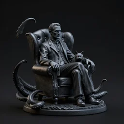 2 8 mm miniature statue howard phillips lovecraft dressed suit sitting in tall leather armchair, with small cat on lap, big tentacle sneak around, top - side view, black resin, black background, octane render