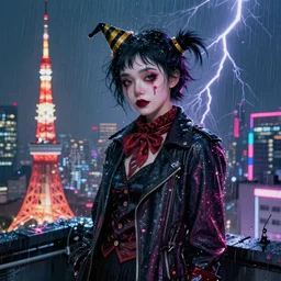 portrait futuristic stylish cyberpunk young female clown, in futuristic rainny thunder flashing tokyo rooftop cyberpunk night, ssci-fi, fantasy, intricate, very very beautiful, elegant, neon light, highly detailed, digital painting, artstation, concept art, soft light, hdri, smooth, sharp focus, illustration, art by tian zi and craig mullins and WLOP and alphonse mucha
