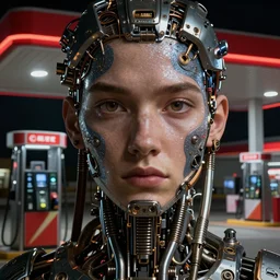 Gas station,  hyperrealistic mixed media, stunning 3d render inspired art by P. Craig Russell and Barry Windsor-Smith + perfect facial symmetry + dim volumetric lighting, 8k octane beautifully detailed render, post-processing, extremely hyperdetailed, intricate futuristic mechanic parts, epic composition, grim yet sparkling atmosphere, cinematic lighting + masterpiece, trending on artstation