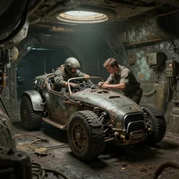repairing a vehicle in a secret bunker on a machine world, year 1 9 1 4, artstation