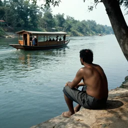 a man sits at the edge of a river in the underworld waiting for the ferryman charon, beksinksi