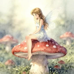 fairy sitting on a toadstool. watercolor by award - winning mangaka, backlighting, intricate details, muted pastel palette, depth of field, painting, macro photography.