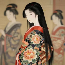 gorgeous japanese princess, long hair, beautiful intricately decorated clothing with peonies, 3 / 4 side view, shallow depth of field, matte painting by karole bak, by hasui kawase, yuumei, noriyoshi ohrai, mohrbacher
