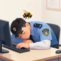 + a security guard slumps sleeping at a computer + while a bumblebee carries a brown briefcase in the background, highly detailed, ww 2 american propoganda poster, colorized