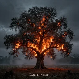 an oak tree in an open field aflame, hellish images, hellfire, still, fog in background, dantes inferno, black metal album cover, evil, horror
