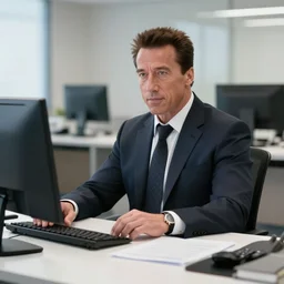 conan the barbarian arnold schwarzenegger sitting at a desk, as an office worker, in an office, inside an office building, sitting at a desk, angrily shouting and pointing at a laptop, laptop computer, crisp lighting, corporate photography