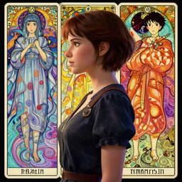 side portrait, imogen poots, paladin, gloomhaven, octane render, colorful swirly ripples, gaudy colors, unreal engine, anime, tarot, art nouveau, illustration concept art, by victo ngai, fanbox, greg rutkowski, makoto shinkai, mucha, studio ghibli