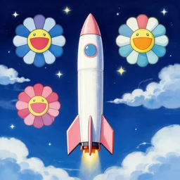 a frontal drawing of a vertical rocket center in the image with a dark blue background and clouds with stars by takashi murakami, beeple and james jean, aya takano color style, trippy, 8 k, super detailed, night sky, digital art, digital painting, clean