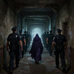 police men following a mage, dilapidated building hallway, dramatic dark lighting, long shot, leage of legends anime, official league of legends art, background by greg rutkowski