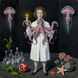 sensual, a dark apartment with black walls, portrait of a female pathologist holding an octopus, candles, berries dripping juice, pomegranate, jellyfish, seaweed, berries, trash, starfish, coral, rocks, seaweed, empty pet bottles, scientific glassware, by magritte, neo - expressionism, surrealism, acrylic and spray paint and oilstick on canvas