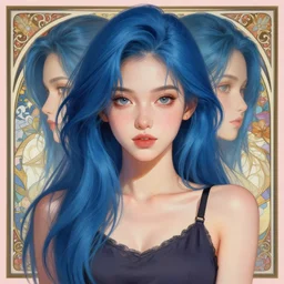portrait of beautiful symmetrical anime girl, blue hair, attractive, casual, modern, victoria's secret, highly detailed, digital painting, artstation, concept art, smooth, sharp focus, illustration, art by artgerm, greg rutkowski and alphonse mucha, 8 k,