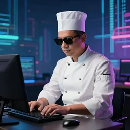 chef typing on computer with sunglasses, synthwave background, exploitable image