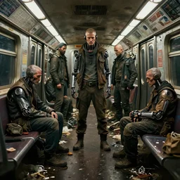 wallpaper of homeless cyborgs in dirty subway car, garbage on ground, from scifi movie vfx rendered by digital domain and weta digital, textures, ambient occlusion, volumetric lighting, octane render, unreal engine 5, raytracing