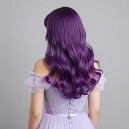 princess haircut dreamgirl party dress cocktail stylist curvy hairstyle from behind studio photography violet hair