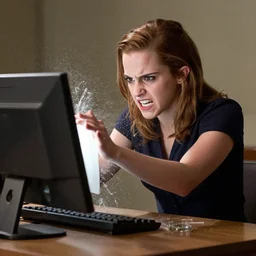 emma watson angrily smashing a computer. photo.