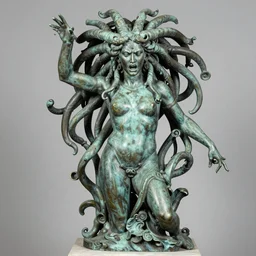 full body bronze sculpture of medusa, renaissance style, patina, sharp facial features, angry, professional photography, dynamic and dominant